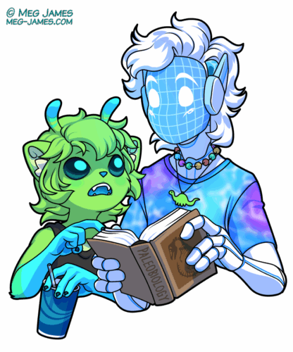 Halfbody drawing of Zeeb, a little green cat-like plant alien (???) and Astra, an android with a blue screen face and white hair. Astra is holding a paleobiology book and showing something in it to Zeeb.