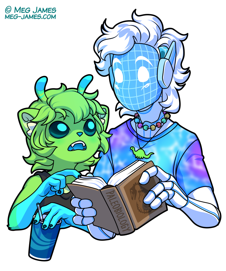 Halfbody drawing of Zeeb, a little green cat-like plant alien (???) and Astra, an android with a blue screen face and white hair. Astra is holding a paleobiology book and showing something in it to Zeeb.