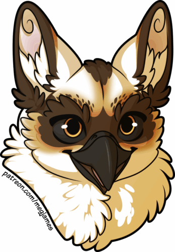 Quick draw portrait of Eleos, an osprey/panther gryphon, looking forward with an excited grin, on a transparent backdrop.