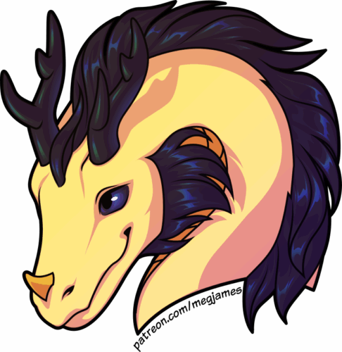 Quick draw portrait of Ilioxirin, a gold-colored eastern dragon with iridescent black antlers and mane, looking over his shoulder with a gentle smile, on a transparent backdrop.