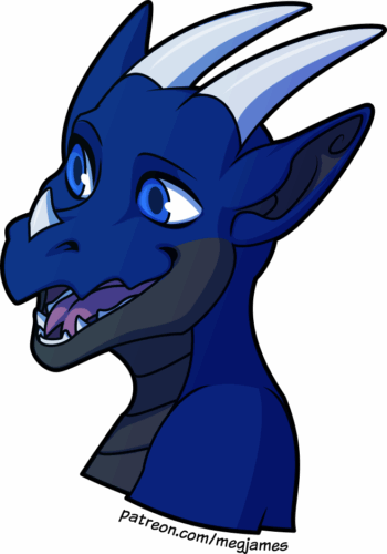 Quick draw portrait of Maikas, a blue anthro dragon, looking to the left with a calm and happy expression, on a transparent backdrop.