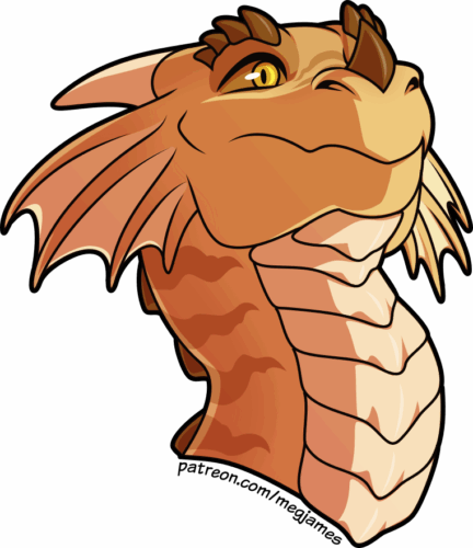 Quick draw portrait of Pyro, a sandy-gold dragon, with his head pulled back looking over to his right with a surprised expression, on a transparent backdrop.
