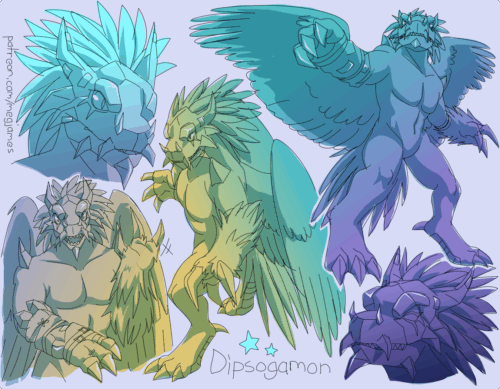 Sketch page featuring multiple sketches of Dipsogamon, a winged dragon/dinosaur-like digimon, in multiple poses, angles, and expressions. The sketches are loosely shaded and toned in cyan, yellow, and purple gradients.