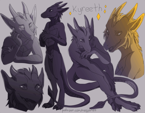 Sketch page featuring multiple sketches of Kyreeth, an anthro western dragon, in multiple poses, angles, and expressions. The sketches are loosely shaded and toned in gray, purple, and yellow gradients.