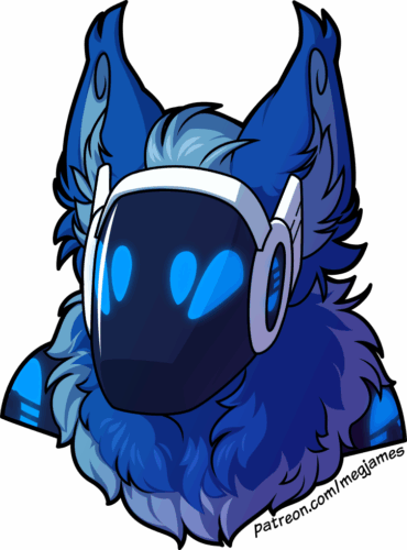 Quick draw portrait of Cobalt, a fluffy blue protogen with a glowing blue interface on a dark blue screen, on a transparent backdrop. They look forward with a neutral expression.