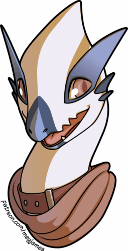 Quick draw portrait of Derra, a lugia with blue facial markings, wearing a collar and scarf, on a transparent backdrop. He is smiling pleasantly.