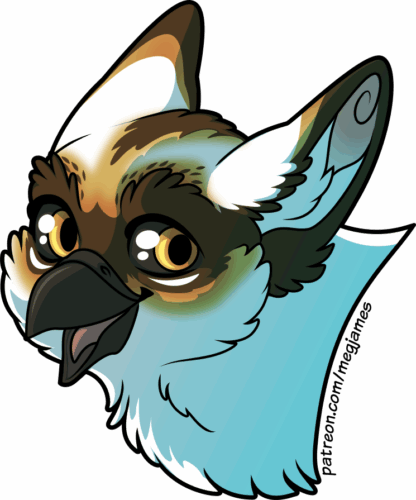Quick draw portrait of Eleos, an osprey/panther gryphon with brown and gold facial markings, on a transparent backdrop. He is looking behind him with a cheerful smile.