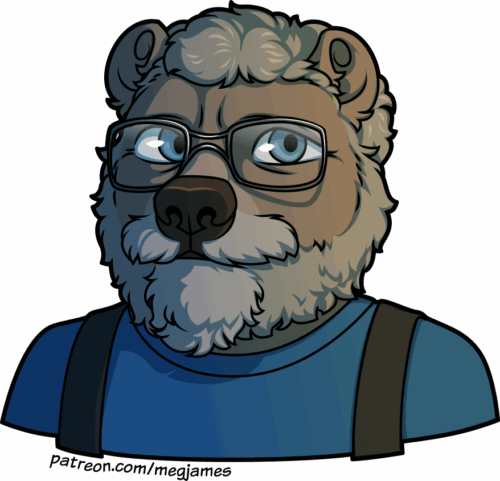 Quick draw portrait of an unnamed anthro grizzly bear with gray hair and beard, wearing suspenders over a blue shirt, on a transparent backdrop. He looks slightly to one side with a happy but serious expression.
