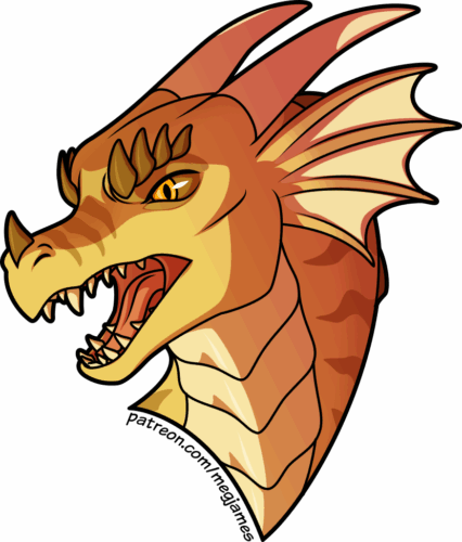 Quick draw portrait of Pyro, a sandy-gold dragon with light brown stripes and gold eyes, on a transparent backdrop. He is turned to one side with an enraged scowl.