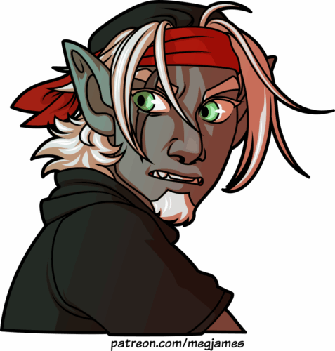 Quick draw portrait of Scarecrow, an elf with gray skin, white hair, and green eyes, wearing a black shirt and black-and-red headband on a transparent backdrop. He looks over his shoulder with a tense, urgent grimace.