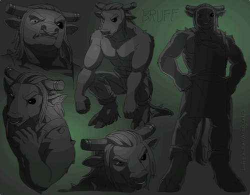 Sketch page featuring multiple sketches of Bruff, an anthro bull wearing a work apron and jeans, in multiple poses, angles, and expressions. The sketches are loosely shaded and toned in dark gray and green gradients.