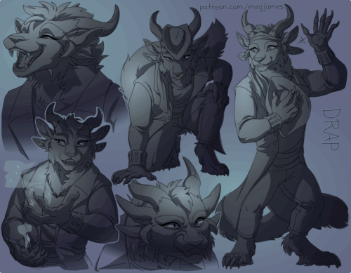 Sketch page featuring multiple sketches of Drap, a charr in pirate attire, in multiple poses, angles, and expressions. The sketches are loosely shaded and toned in blue-gray and purple-gray gradients.