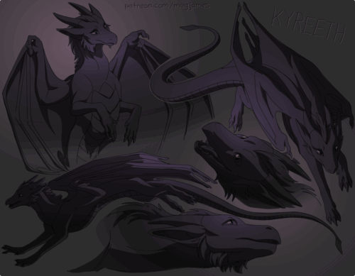Sketch page featuring multiple sketches of Kyreeth, a western dragon, in multiple poses, angles, and expressions. The sketches are loosely shaded and toned in dark gray and purple gradients.
