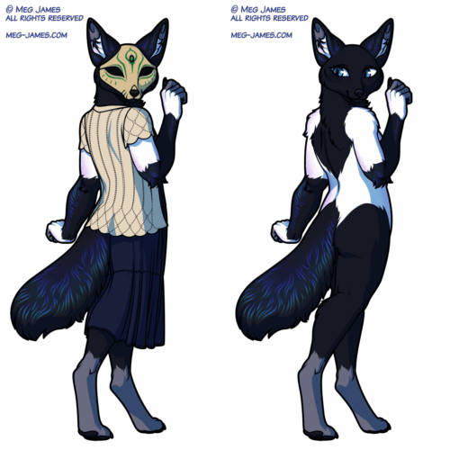 Drawing of Kola, an anthro fox/kumiho with the black-and-white markings of a black-billed magpie. Her ears, forearms, and tail are black with iridescent shine, and the white markings on her upper arms and hands have a slight purple sheen as well. On the left, she's wearing an off-white knitted top over a calf-length navy blue dress, as well as a beige mask with green markings, which obscures her face and eyes. On the right, is nude and her blue eyes and white/black body markings are visible. She is standing faced away from the viewer, but turning her head back as if to look down at her tail.