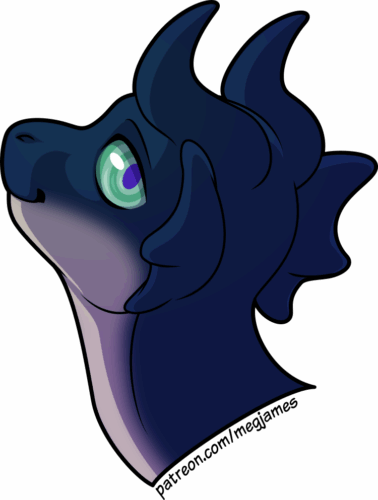 Quick draw portrait of Gurnitath, a dark blue dragon with curved horns, ear-fins, and mint-green eyes. He faces away but looks back toward the viewer with a calm smile.