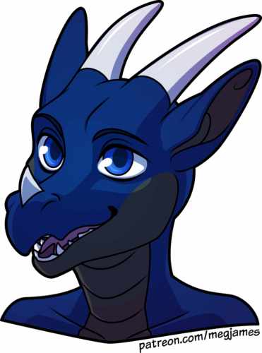 Quick draw portrait of Maikas, a blue and dark gray anthro dragon with blue eyes. He is looking upward and forward with a cheerful smile.