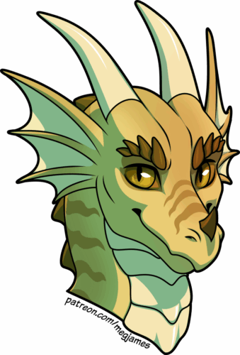 Quick draw portrait of Pyro, a sandy-gold dragon with light brown stripes and gold eyes, on a transparent backdrop. He is looking to his right with a confident grin.