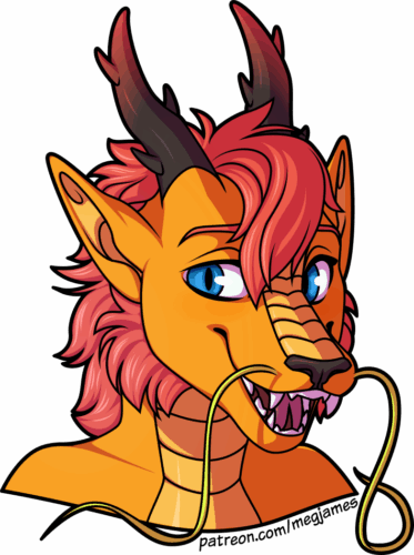 Quick draw portrait of Ziti, an anthro dragon with yellow-gold coloration, blue eyes, and a mane of reddish hair. He looks to his right with a cheerful smile.