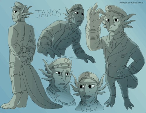 Sketch page featuring multiple sketches of Janos, a humanoid fish/axolotl person wearing a ship captain's uniform, in multiple poses, angles, and expressions. The sketches are loosely shaded and toned in blue and gray gradients on a pale blue backdrop.