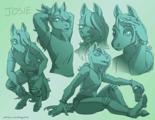 Sketch page featuring multiple sketches of Josie, an anthro horse wearing a T-shirt and jeans, in multiple poses, angles, and expressions. The sketches are loosely shaded and toned in light teal gradients on a pale green backdrop.