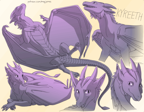 Sketch page featuring multiple sketches of Kyreeth, a western dragon, in multiple poses, angles, and expressions. The sketches are loosely shaded and toned in light purple gradients on a pale gold backdrop.