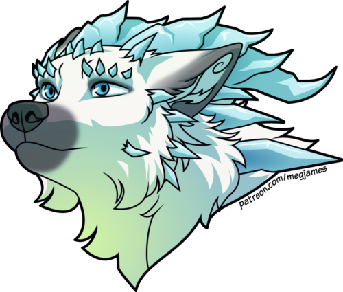Quick draw portrait of Gikata, an anthro kitsune/winter wolf with icy dragon-like features, on a transparent backdrop. She looks ahead with a discerning stare.