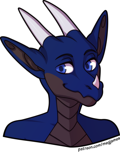Quick draw portrait of Maikas, an anthro dragon with blue and gray coloration, on a transparent backdrop. He looks to his right with a calm expression.