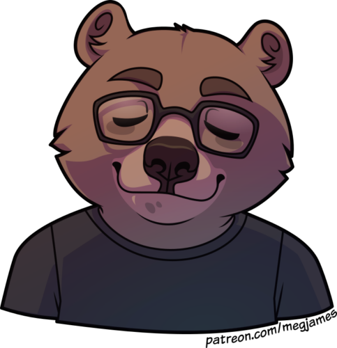 Quick draw portrait of Nutmeg, an anthro grizzly bear wearing glasses and a T-shirt, on a transparent backdrop. They smile calmly with sleepy eyes.