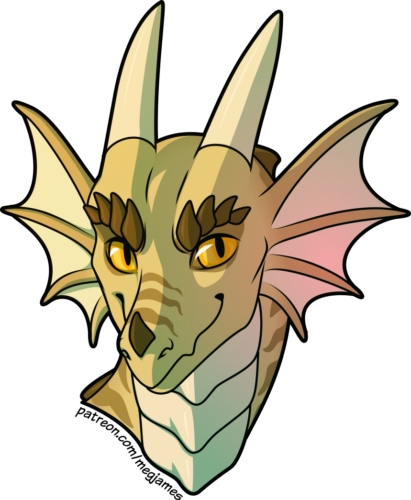 Quick draw portrait of Pyro, a sandy-gold dragon with light brown stripes and gold eyes, on a transparent backdrop. He looks to his left with a confident smile.