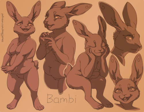 Sketch page featuring multiple sketches of Bambi, an anthro rabbit, in multiple poses, angles, and expressions. The sketches are loosely shaded and toned in warm brown gradients.