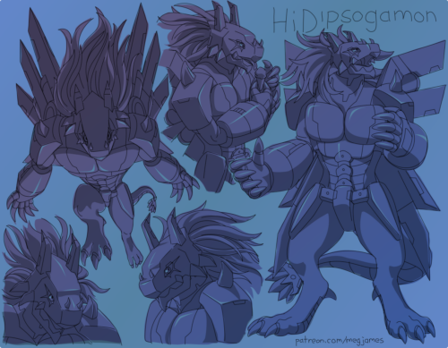 Sketch page featuring multiple sketches of HiDipsogamon, a semi-robotic dinosaur-like digimon, in multiple poses, angles, and expressions. The sketches are loosely shaded and toned in blue and purple gradients.