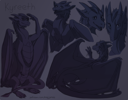 Sketch page featuring multiple sketches of Kyreeth, a western dragon, in multiple poses, angles, and expressions. The sketches are loosely shaded and toned in dark grayish-purple gradients.