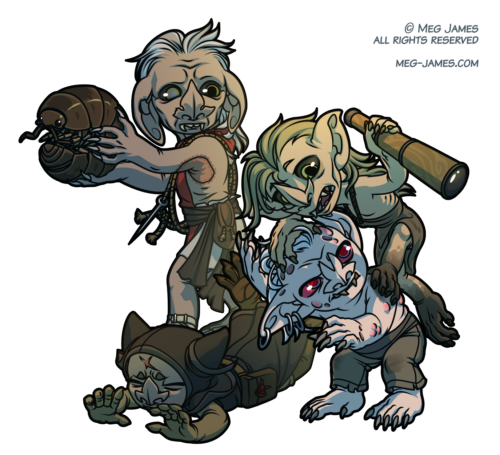 Full body vector drawing of four goblins. On the right, a dirty-looking goblin with a spyglass jumps on the back of an angry albino goblin, presumably for a higher vantage point. On the left, a young-looking goblin in black robes has fallen or been pushed to the ground. Behind them, an old-looking goblin with an irritated expression lifts a large woodlouse safely out of harm's way.
