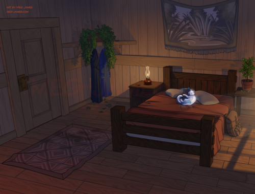 Illustration of an inn room with a bed and some bedside tables. There are houseplants, coats hanging from hooks on a shelf, and two cats (one black with ghostly blue limbs, the other pearly-colored and glowing) cuddling on the bed. There is light shining in through a window out of frame.