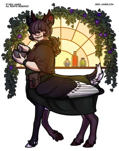 Full body drawing of Fern, a winged deer centaur with long wavy brown hair that covers his eyes, pale skin, and brown fur with black and white markings. He's wearing a brown hooded cloak with a green shirt underneath and a dark green horseblanket-type garment over his lower body. He's grinding something in a mortar with a pestle and he stands in front of a golden sunlit window surrounded by morning glory vines. There are three potion bottles on the window sill.
