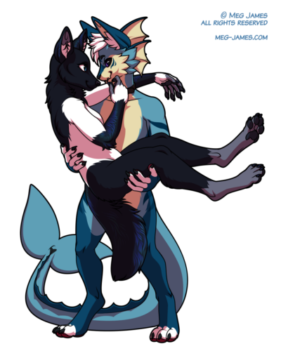 Full body drawing of an anthro fox with magpie coloration, Kola, and an anthro vaporeon/novabeast, Kaoru. Kaoru is carrying Kola in his arms, and Kola has one of her arms over his shoulder. With her other hand, she cradles his face as they look lovingly into each other's eyes.