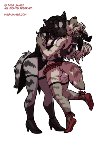 Full body drawing of two anthro striped hyenas. Yasmin (wearing a sexy magician outfit) is grabbing Sapphire (wearing a sexy outfit with bunny ears) and kissing her neck. Sapphire appears to be nearly swept off her feet by Yasmin.
