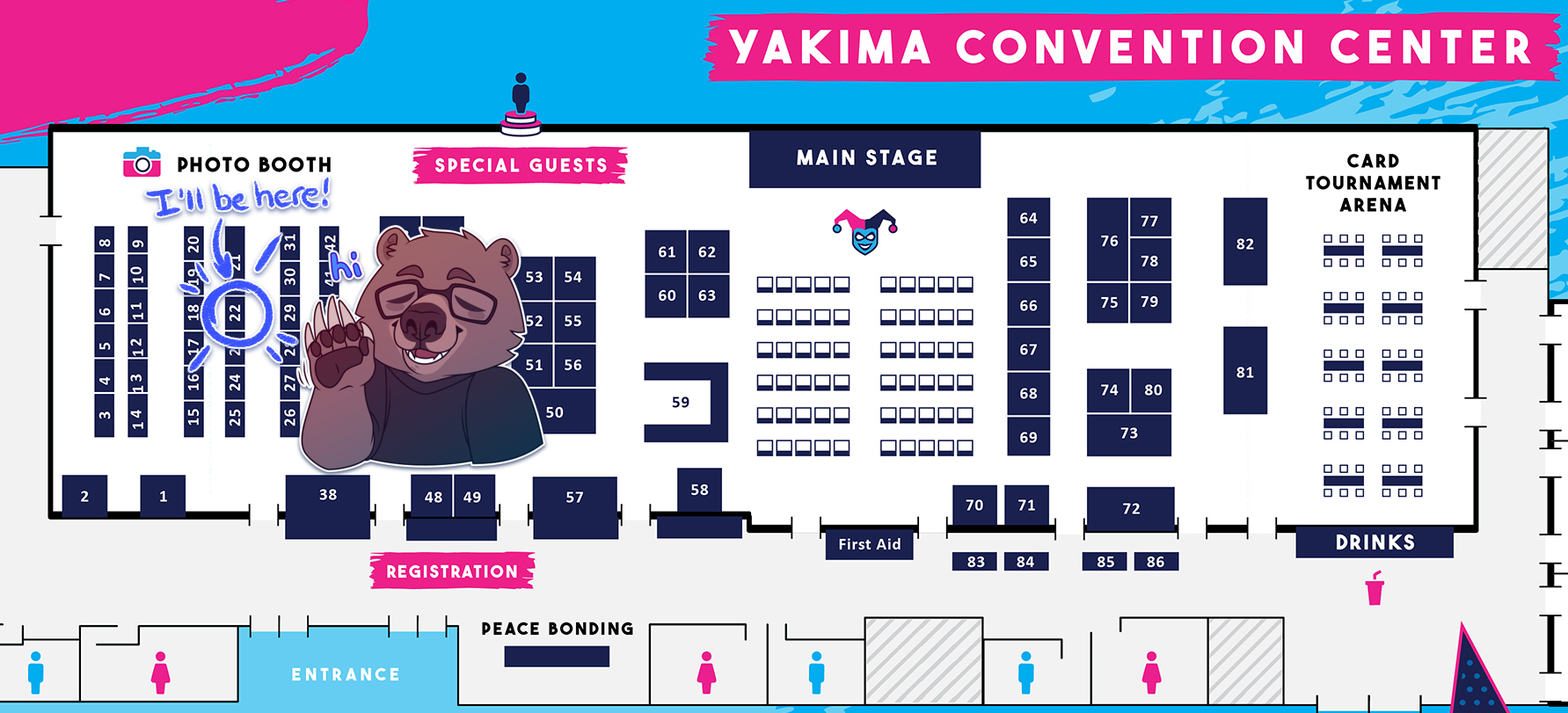 Partial map of the Yakima Convention Center, where Fan Fest Northwest takes place. Vendor space 22 is circled, with the text "I'll be here!" above it. A sticker of Nutmeg the bear is placed next to the spot, as well.
